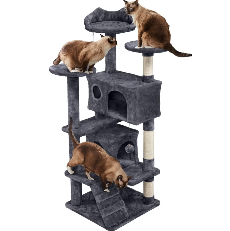 Yaheetech Krabpaal - 3 Uitkijkplatforms - 2 Kattenholletjes - 49 x 49 x 139 cm - Donkergrijs