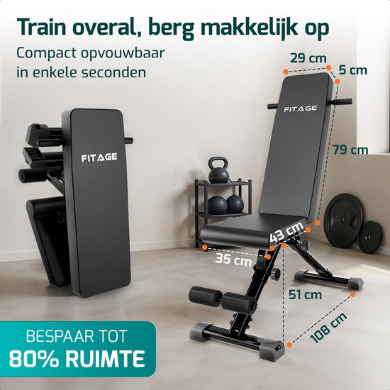 FITAGE Fitnessbank - Fitness Halterbank tot 300KG - Verstelbaar - Inklapbaar - Zwart