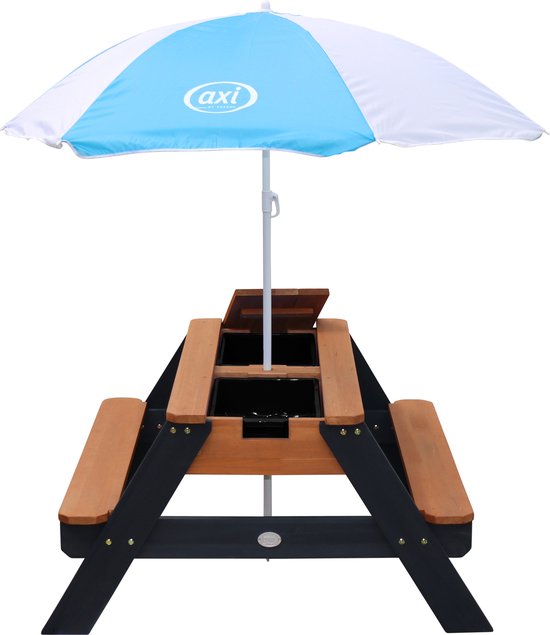 AXI Nick Zand & Water Picknicktafel in Antraciet/Bruin - Met Parasol in Blauw/Wit - Multifunctionele Picknick tafel van FSC hout - Picknick tafel voor kinderen van hout