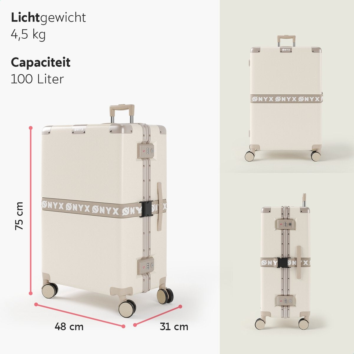 ONYX® - Check-in koffer 100L - TSA slot - Spinner wielen - Lichtgewicht trolley - Aluminium slot - Zand wit