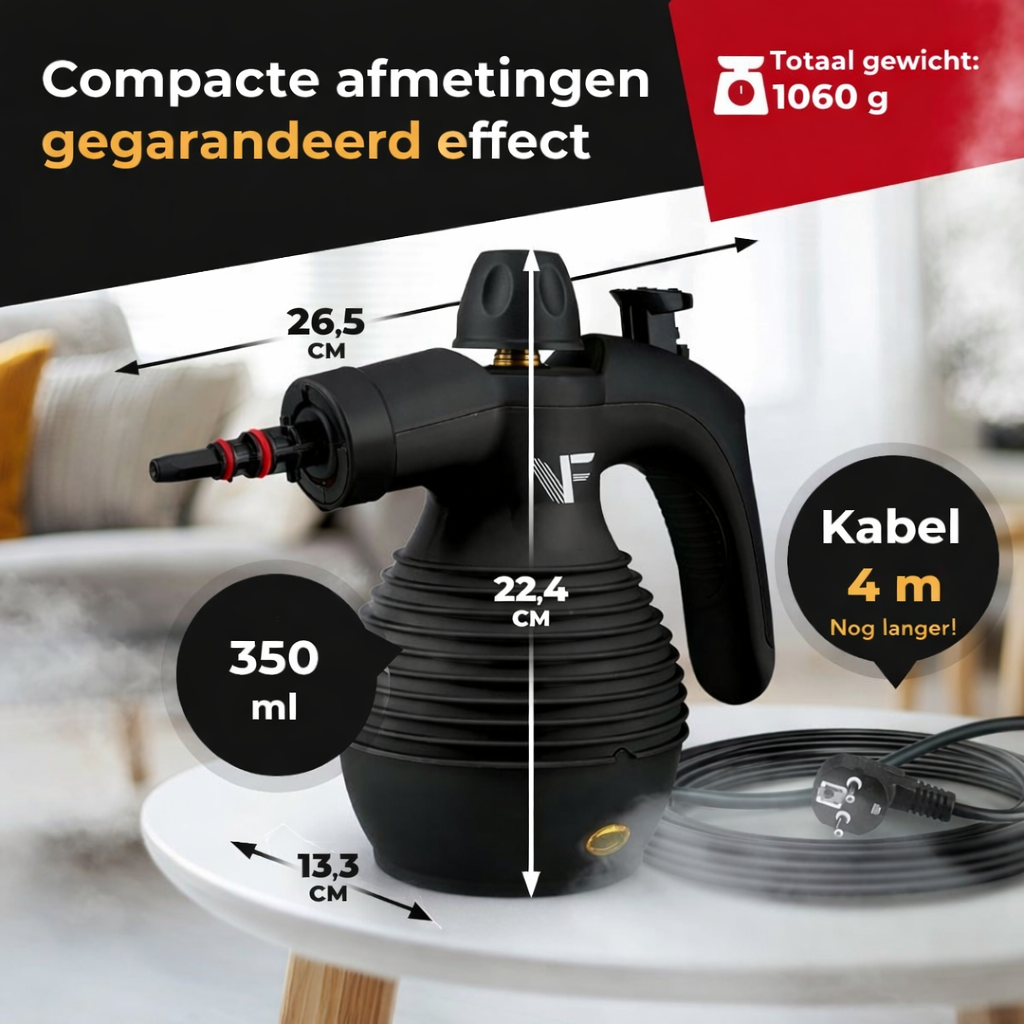 Handstoomreiniger - Stoomregeling - Inclusief 10 accessoires - 350 ml tank - Zwart
