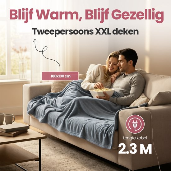 STAUS&BACH Elektrische deken XXL - 2 persoons bovendeken - Dubbelzijdig Fleece Sherpa Warmtedeken - Grijs blauw - 180x130 cm PowerNap