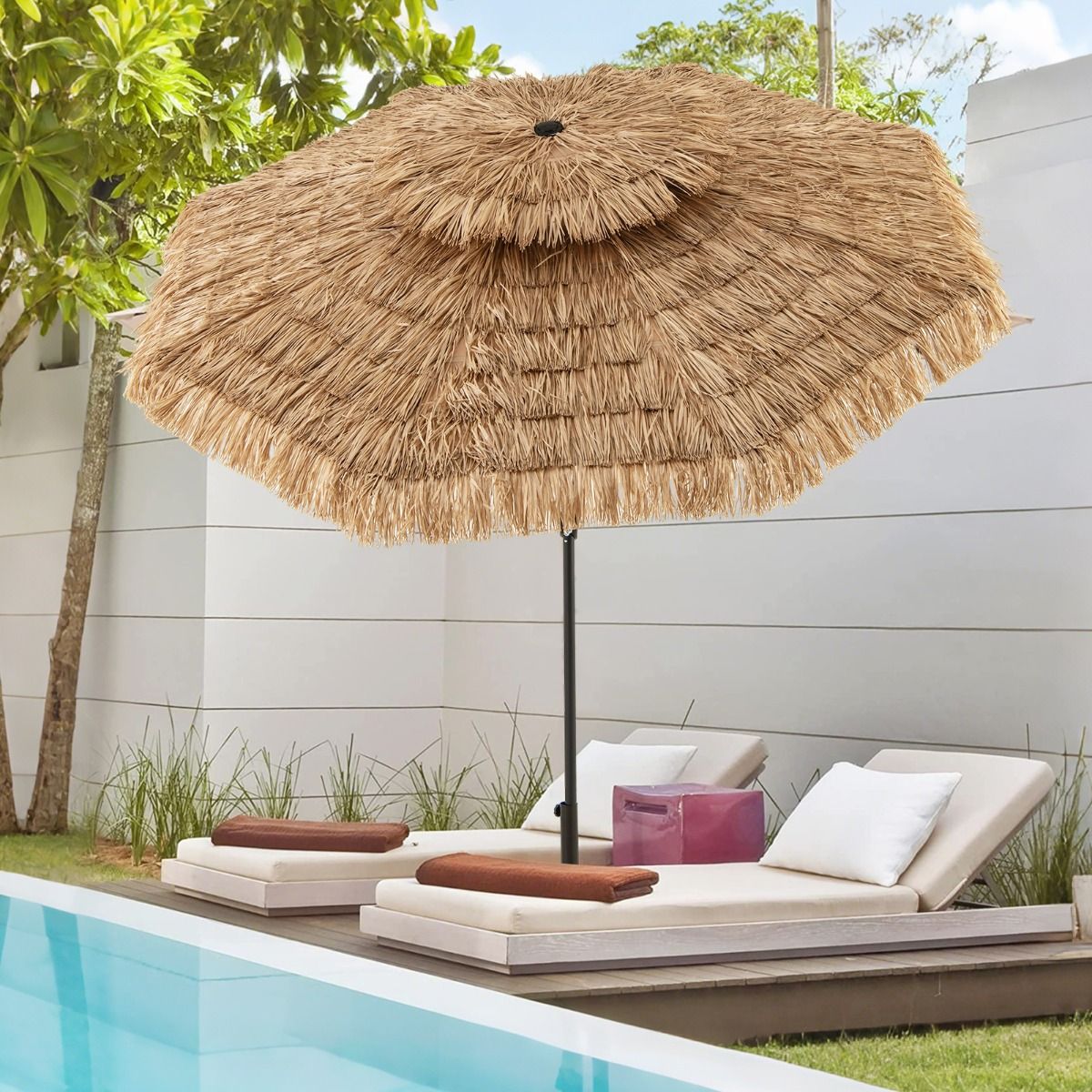 Coast Hawaïaanse Rieten Tiki Parasol 267x247 cm – Natuurlijke Terrasparasol met Zwengel, Kantelmechanisme & 8 Stevige Baleinen