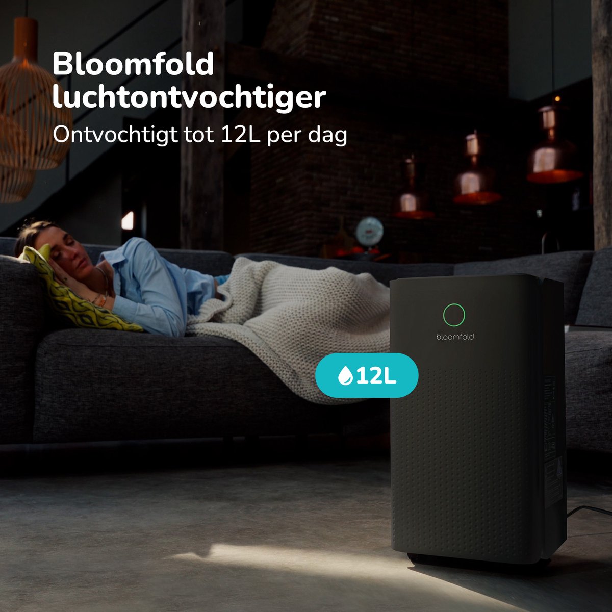 Bloomfold Luchtontvochtiger - 12L per Dag - Woonkamer, Slaapkamer, Kelder & Badkamer - Dehumidifier - Zwart