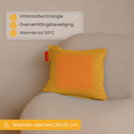 Auronic Warmtekussen - Gebreid - 45x45 - Draadloos - Oplaadbaar - Elektrisch kussen - Infrarood - Geel