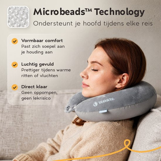 TRAVARA Nekkussen The Snuggo - Microbeads Reiskussen Voor Vliegtuig - Auto Kussen - Travel Pillow - Licht Grijs