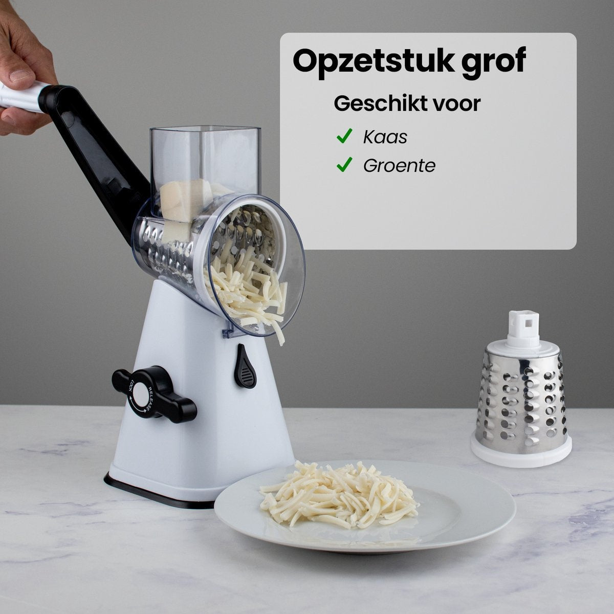 Nimma Trommelrasp - Inclusief 3 Opzetstukjes en Spiraalsnijder - Geschikt als Kaasmolen en Rasp - Wit