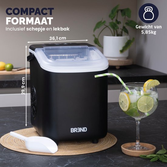 BREND BR-2213 IJsblokjesmachine met Schep en Lekbak - Grote L of Kleine S Ijsklontjes - Draagbare IJsblokjesmaker – 10 kg in 24 uur - Zwart