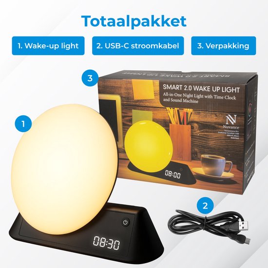 Nuvance Wake up light - Digitale Wekker - Nachtlamp - Slaapkamer - Slaaptrainer - met Geluiden - Speaker - Stemgestuurd