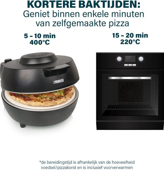 Princess 115005 Pizzaoven - Pizzamaker en oven - Regelbare thermostaat en timer - 1200W - Keramische pizzasteen - 410 graden - diameter 30cm - Zwart