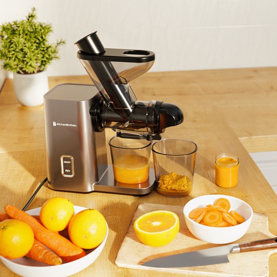 KitchenBrothers Slowjuicer - Mini Juicer - Groenten en Fruitpers - 40 mm en 50 mm invoer - 400 ml - Grijs