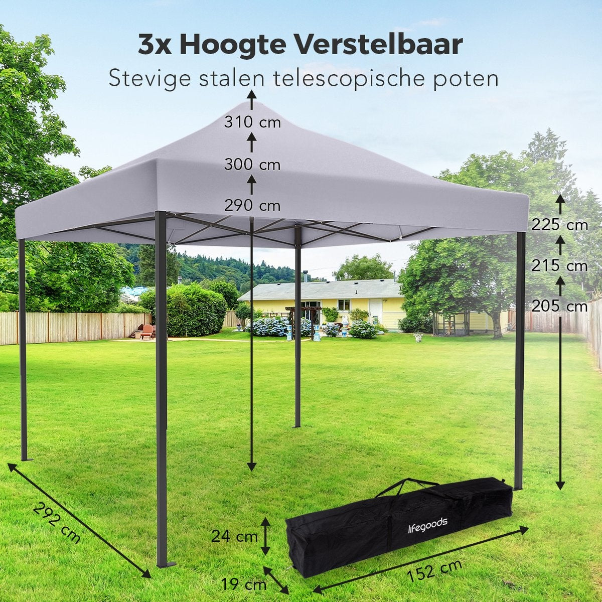 LifeGoods Partytent - Paviljoen - EasyUp - Opvouwbaar - Waterdicht - Met Draagtas met wieltjes - 300 x 300 cm - Donkergrijs