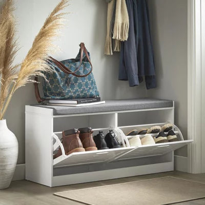 SoBuy Schoenenkast met Zitkussen - 2 Kleppen - 94 x 30 x 47 cm - Wit