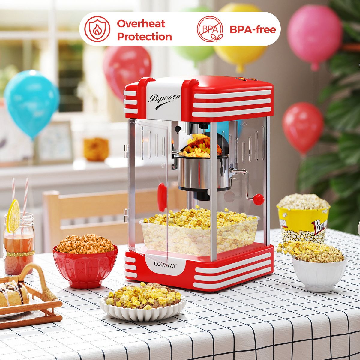 Coast Popcornmachine - retro bioscoopstijl - warmhoudlamp - handmatige bediening - rood/wit