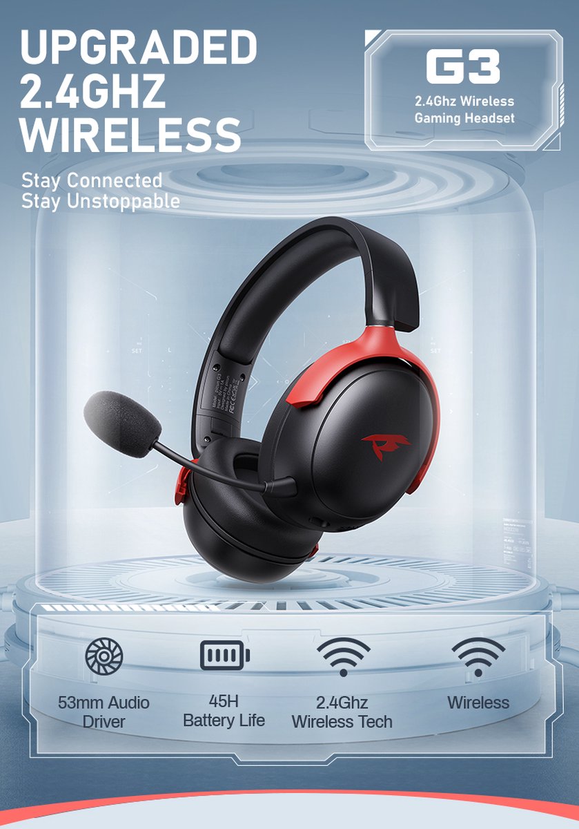Kofire Picun G3 Draadloze Gaming Headset – Over-Ear Koptelefoon met Microfoon – 53mm Drivers – 50 Uur Batterijduur – PC/PS4/PS5/Nintendo Switch/Xbox – Zwart/Rood – 238g