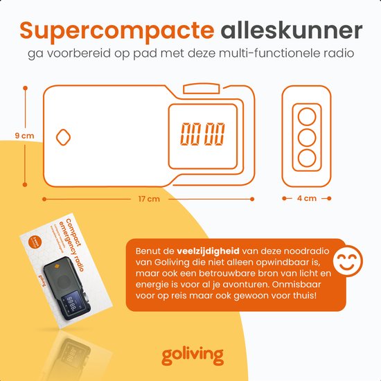 Goliving Noodradio - 17 x 9 x 4 cm - Draagbare Radio - Powerbank Zonneenergie Solar Opwindbaar - Zaklamp Oplaadbaar - Digitale Wekker - Bluetooth - 10000 mAH - 80 dB - Zwart