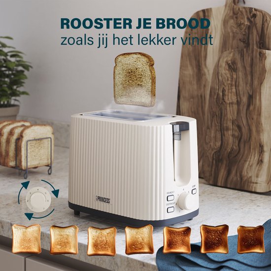Princess Broodrooster Wave 142337 - Beige - Retro - Compact - 7 Instelbare standen - 930 Watt
