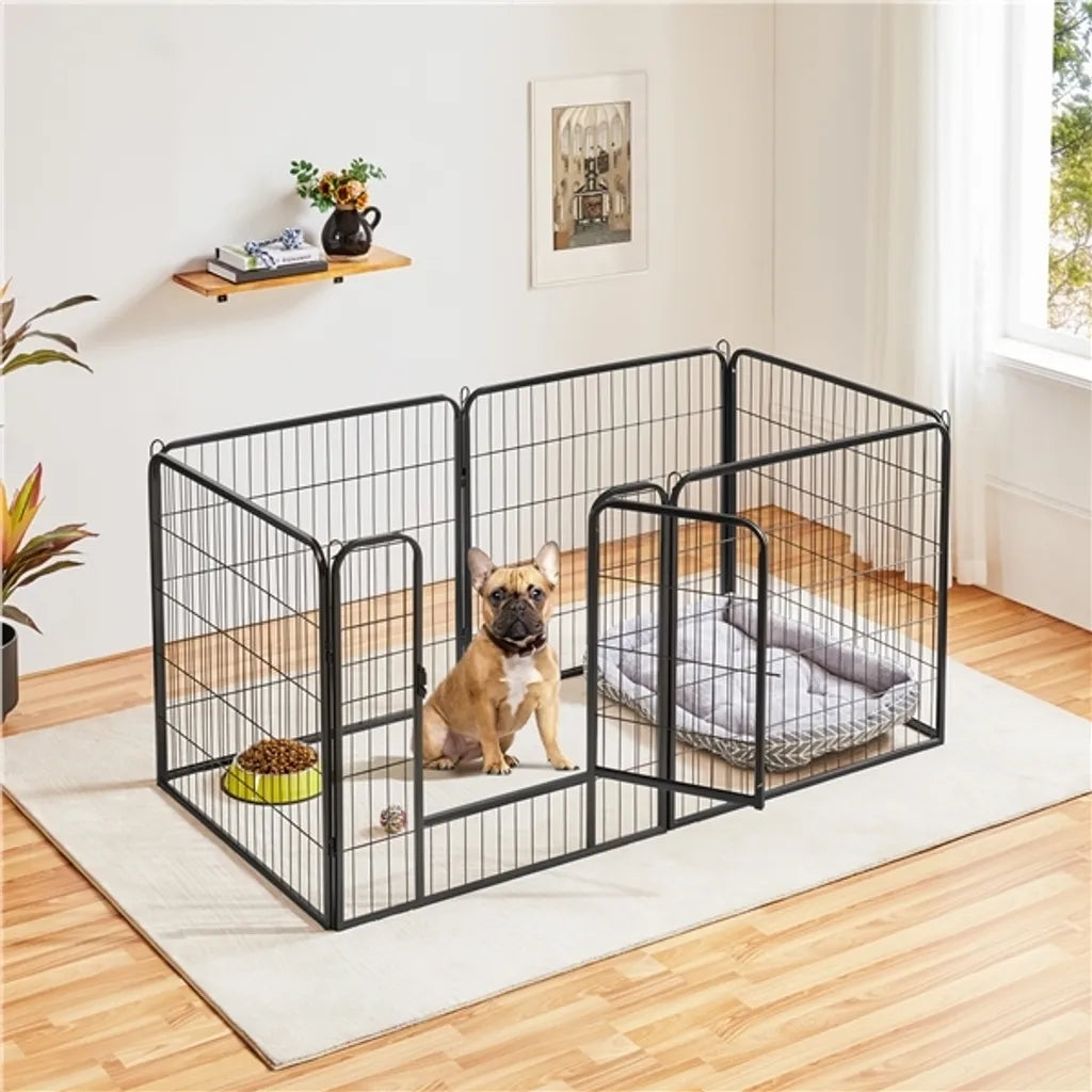 Yaheetech Puppyren met Deur - 6 Panelen - Zwart - 164 x 83 x 80 cm