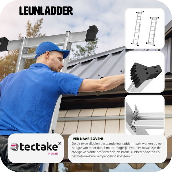 TecTake 3-in-1 Multifunctionele Ladder & Steiger - Verstelbaar – 150 kg Draagvermogen – Max. Hoogte 275 cm –Zilver