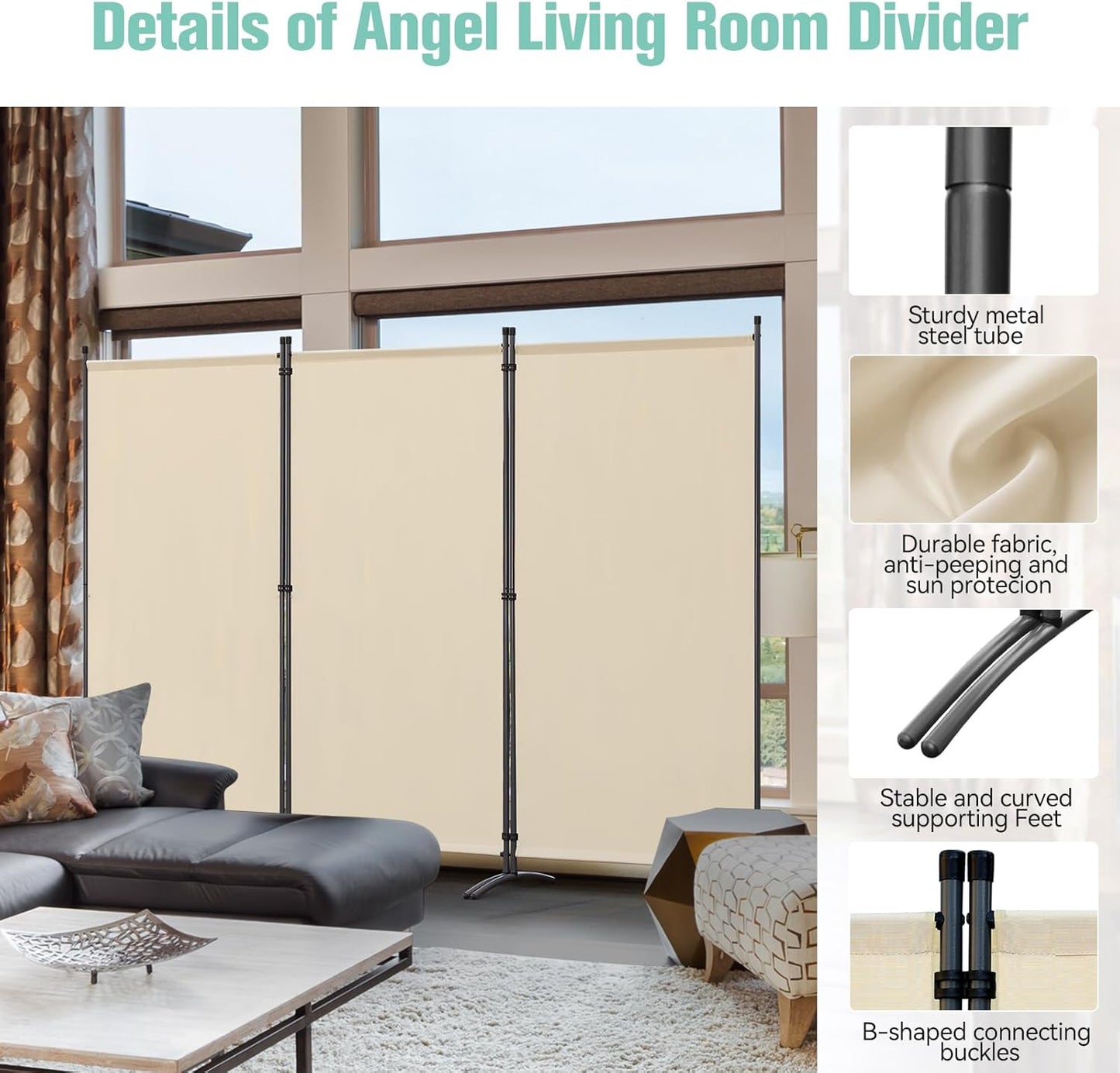 Angel Living Paravent - 3 panelen - opvouwbaar - 243 x 180 cm - beige