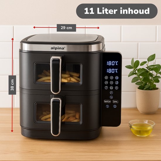 alpina Airfryer XXL - Dubbele Air Fryer 11L - Heteluchtfriteuse 2 Manden - Double Stacked voor 8 Personen - Opvouwbaar Display - Timerfunctie tot 60 Minuten - Temperatuur 60-200°C - Zwart