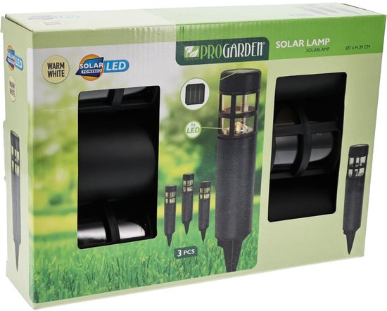 Pro Garden Solar tuinlampen / prikspots - 3x stuks - warm wit licht - 7 x 28 cm - tuinverlichting - tuinlampjes - zwart - kunststof