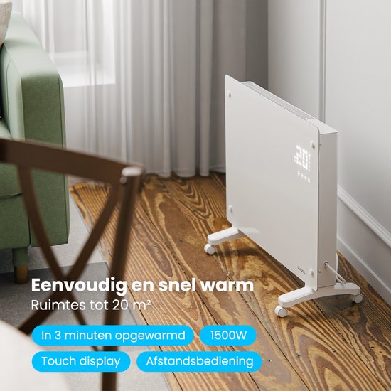 Auronic Elektrische Kachel – Convectorkachel met Thermostaat en Afstandsbediening - Glazen Paneelverwarming - 1500W Heater - Wit