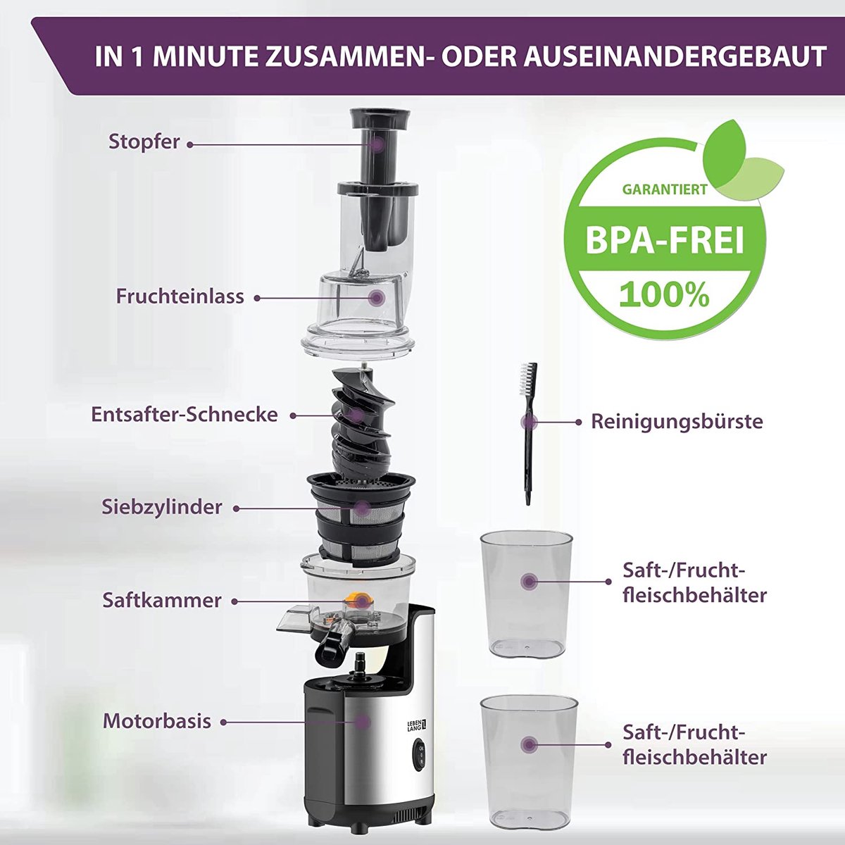 LEBENLANG Slow Juicer 45x35x25 cm – Grijs – BPA-vrije koudepers voor groente & fruit, keramische persslak, elektrische sapmaker voor selderij, wortel & smoothies