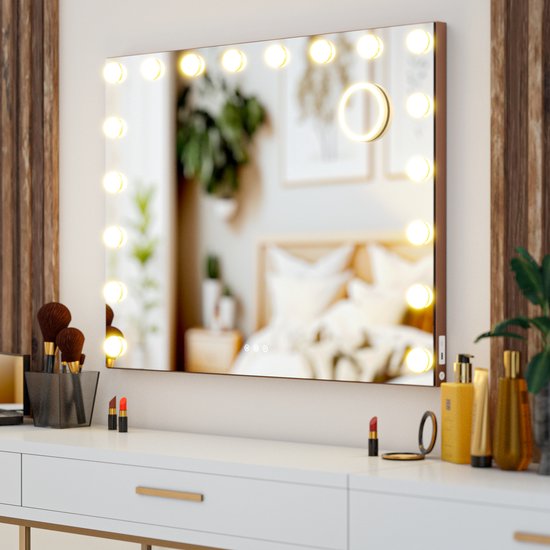 Mirlux Hollywood Spiegel 80x60CM - 2 Bluetooth Speakers - USB & USB-C oplaadpoorten - LED Verlichting - Make Up Spiegel - 10x Zoom - Ophangbaar - Rosé Goud
