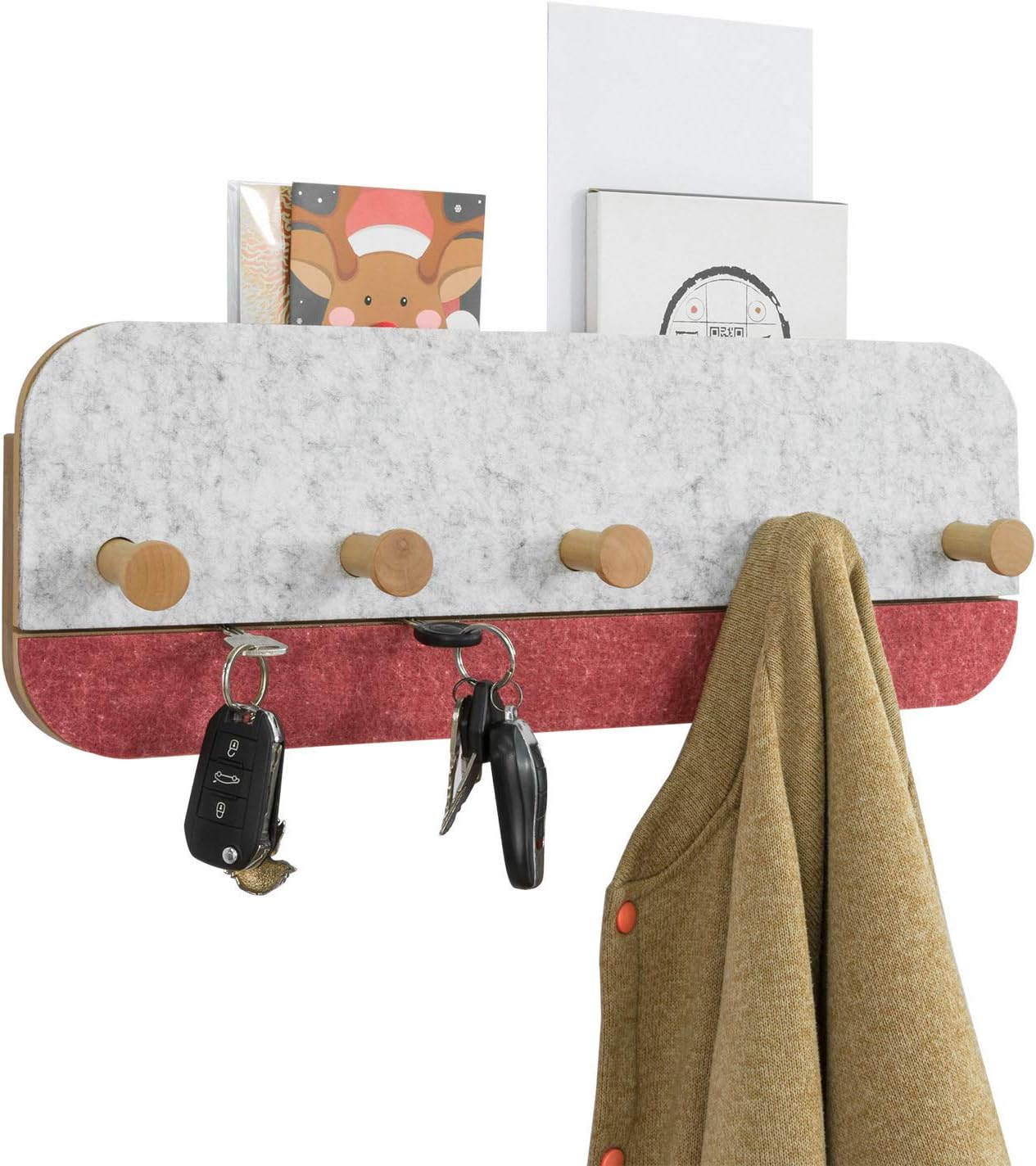 SoBuy FHK16-R Wandkapstok – 5 Haken – Bamboe & Vilt – 55 x 3 x 19 cm – Rood