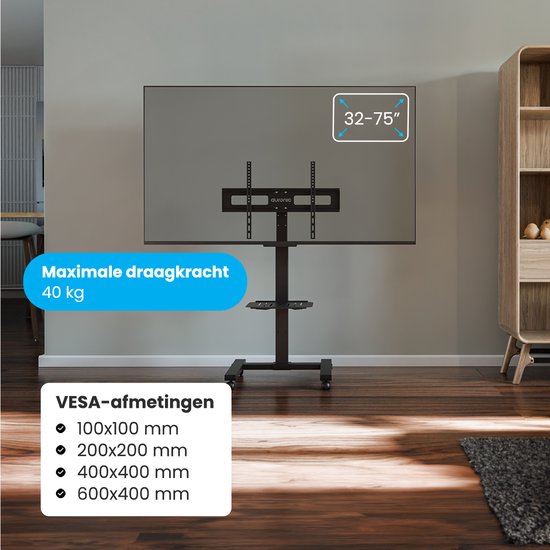 Auronic TV Standaard Verrijdbaar voor 32 tot 75" TV's - TV Voet op Wielen - Universeel - In Hoogte Verstelbaar - Draaibaar - Kantelbaar - Voor 55", 65" en Meer - Zwart