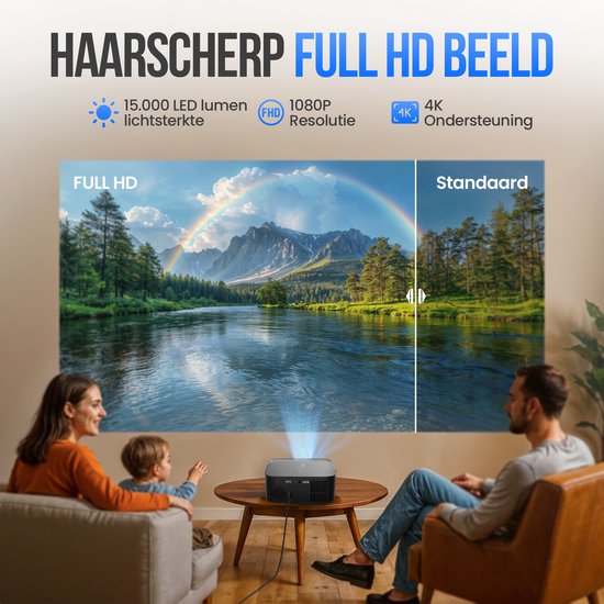 Strex Smart Beamer WiFi - Mini Beamer met Apps (WhaleOS) - 1080P Full HD Projector - 4K Ondersteuning - Bluetooth en Ingebouwde Speakers - Inclusief Opbergtas & Projectiescherm