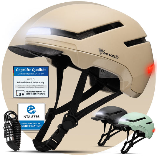 Mivelo Nova Fietshelm met voor- en achterlicht - Maat L 57,5–61 cm - Beige
