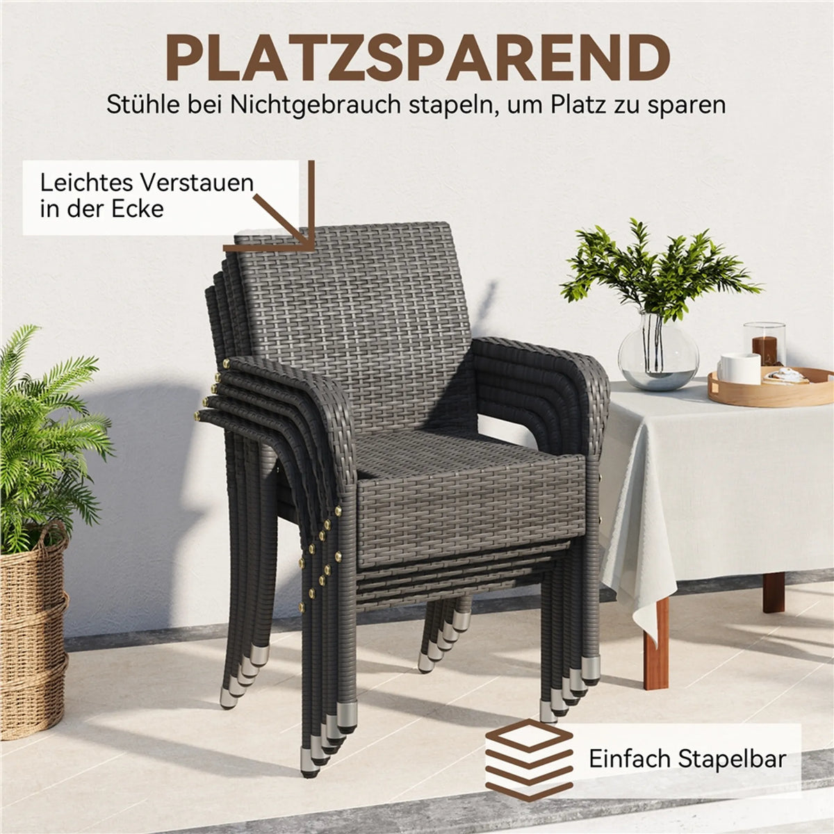 Yaheetech Set van 2 Stapelbare Tuinstoelen van PE-Rattan 58x58x84 cm – Sfeervol Grijs – Rattan en Metaal