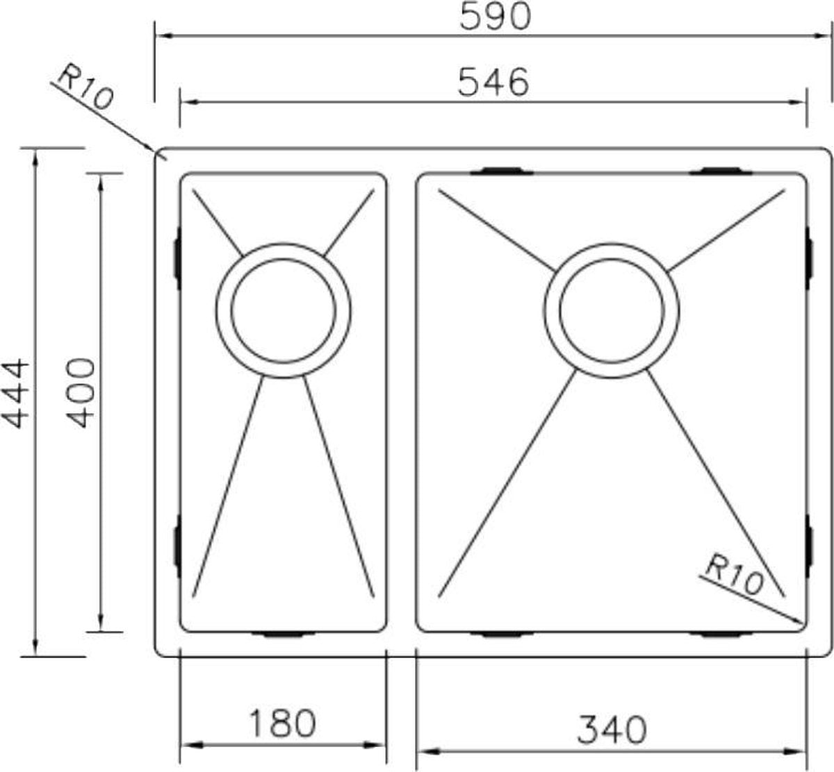 Mizzo Linea Anderhalve Spoelbak 18-34X40CM - 1,5 spoelbak - Wasbak Keuken - vanaf 60cm kast - Onderbouw / Vlakbouw / Inbouw - RVS 1.2mm dik