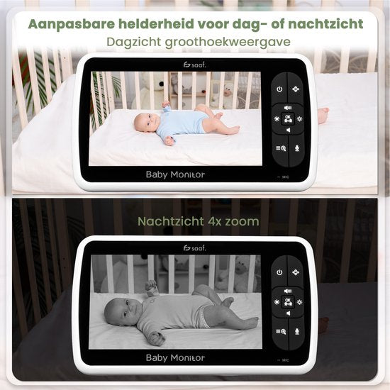 Saaf Babyfoon - Incl. Camera en Monitor - Bestuurbaar/kantelbaar - Praatfunctie - 5" Scherm