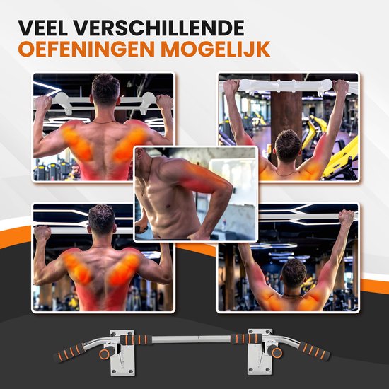 TTD® Premium Pull Up Bar - Pull Up Station - Optrekstang Wandmontage - Dip Station - Dip Bars - Thuis Sporten - Thuis Fitness - Premium materialen - Extra stevige montage onderdelen - Home workout - Wit/Oranje