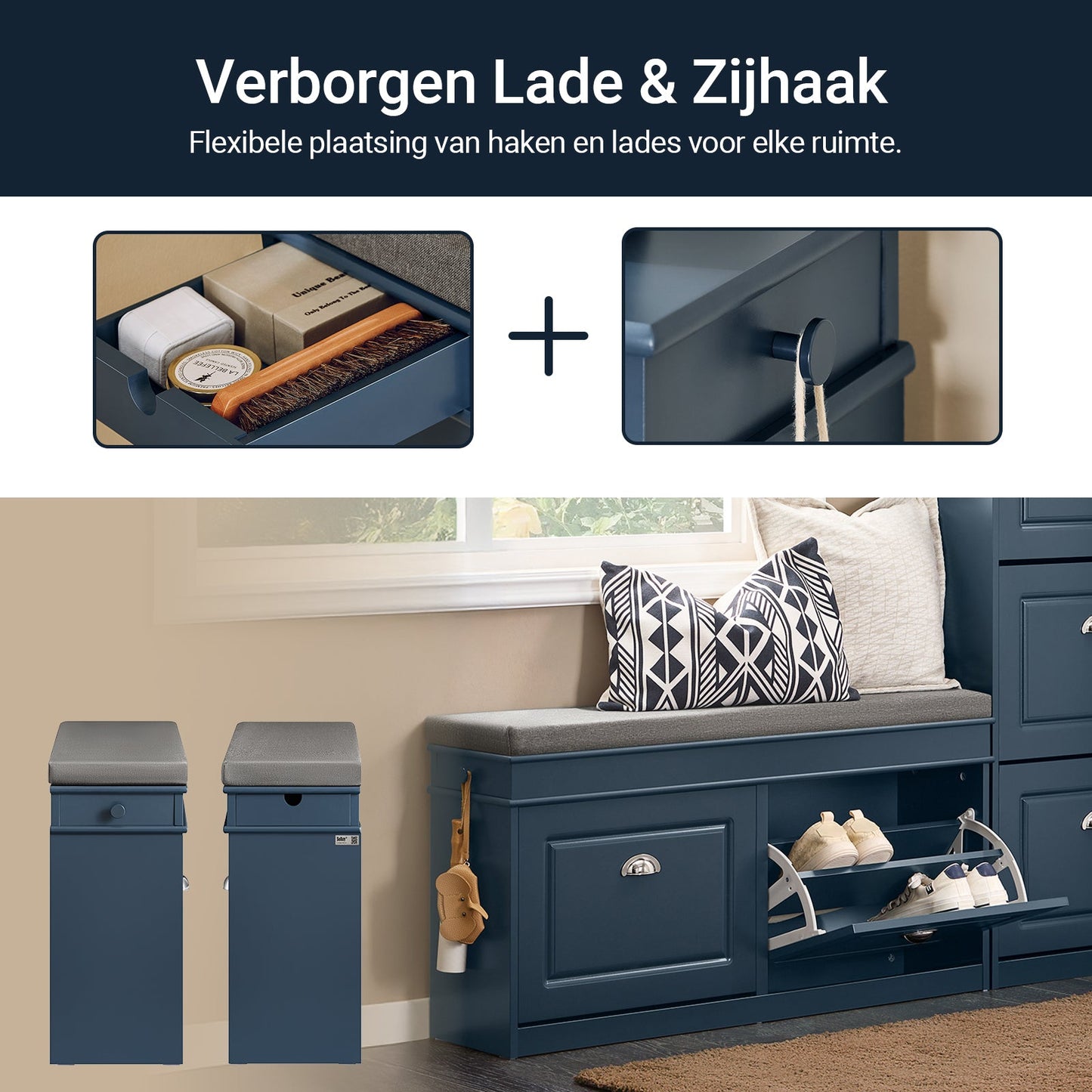 SoBuy Schoenenkast & Schoenenbank Hal – 2 Kleppen – Met Verwijderbaar Kussen – Smalle Hal – Gelakt Hout – L104 x D24 x H51 cm – Blauw