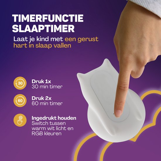 Vulpes Goods® Nachtlampje Kinderen - LED Licht & 8 Kleuren – Nachtlampje Babykamer – Poes – USB-Oplaadbaar – Dimmer – Timer – Draadloos - Kindvriendelijk