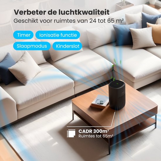 Auronic Luchtreiniger Fresh Pro - Met HEPA 13-filter - 300 m³/u - 65 m² - Koolstoffilter - 3 Standen - Air Purifier - Zwart