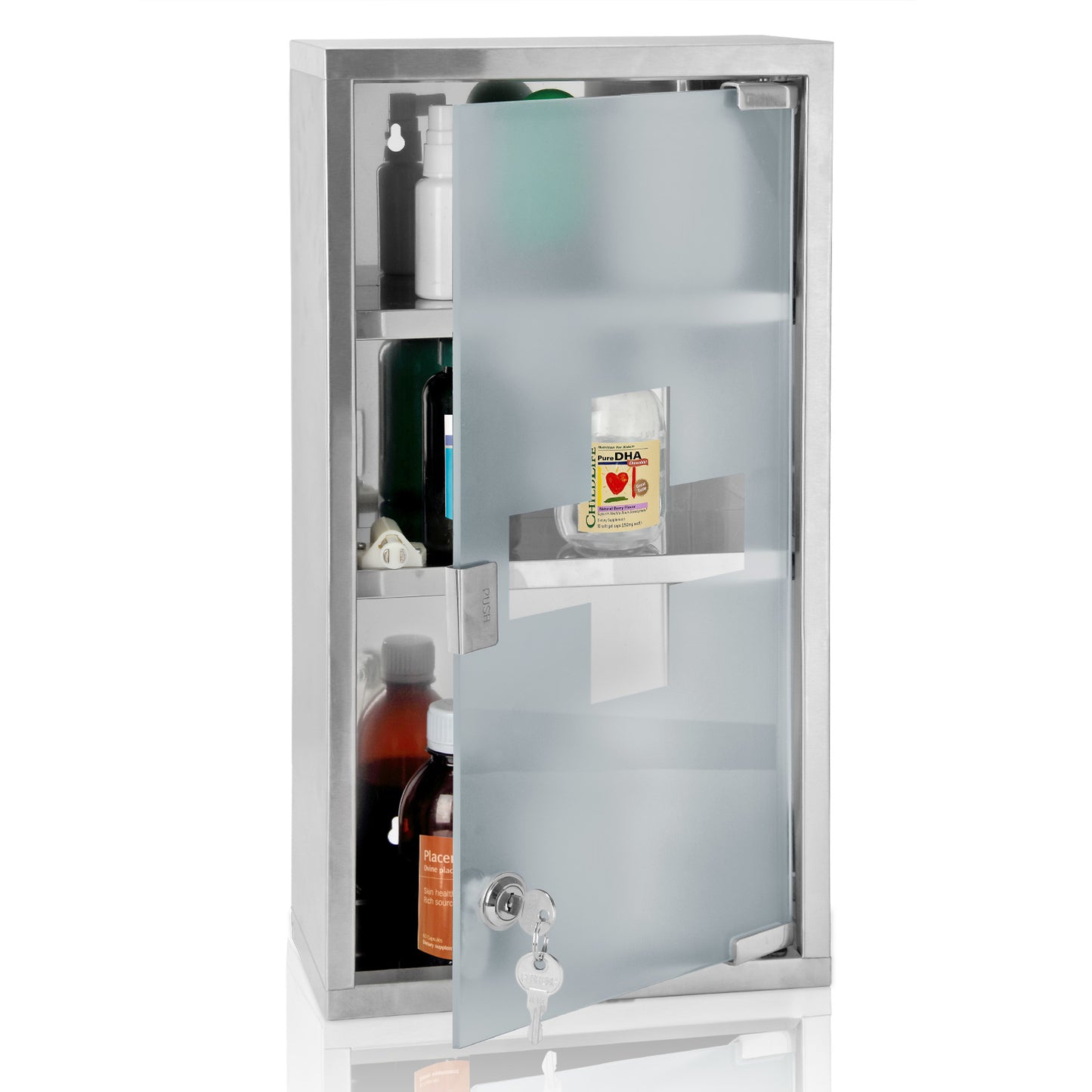 Monzana - Medicijnkastje met Slot - Zilver - RVS - 48,5cm x 25cm x 12cm