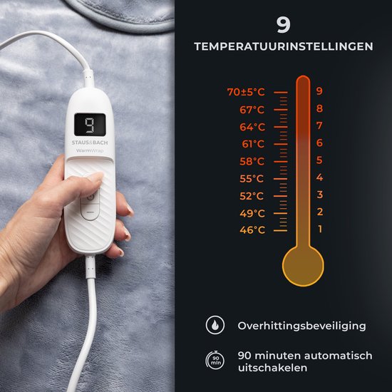 STAUS&BACH WarmWrap - Elektrisch warmtekussen (100W) met 9 timer- en warmtestanden - 90 x 60 cm heating pad - Verwarmingskussen voor nek, schouder en rug - Grijs