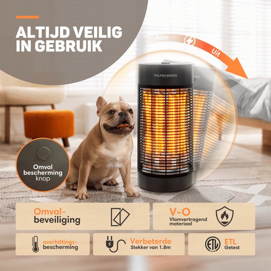 Vulpes Goods® Tech - Infrarood Verwarming - Elektrische Kachel - 1200W - 120°/360° Rotatie - 2 Warmtestanden - Compact & Draagbaar - IPX4 Waterbestendig - Zwart