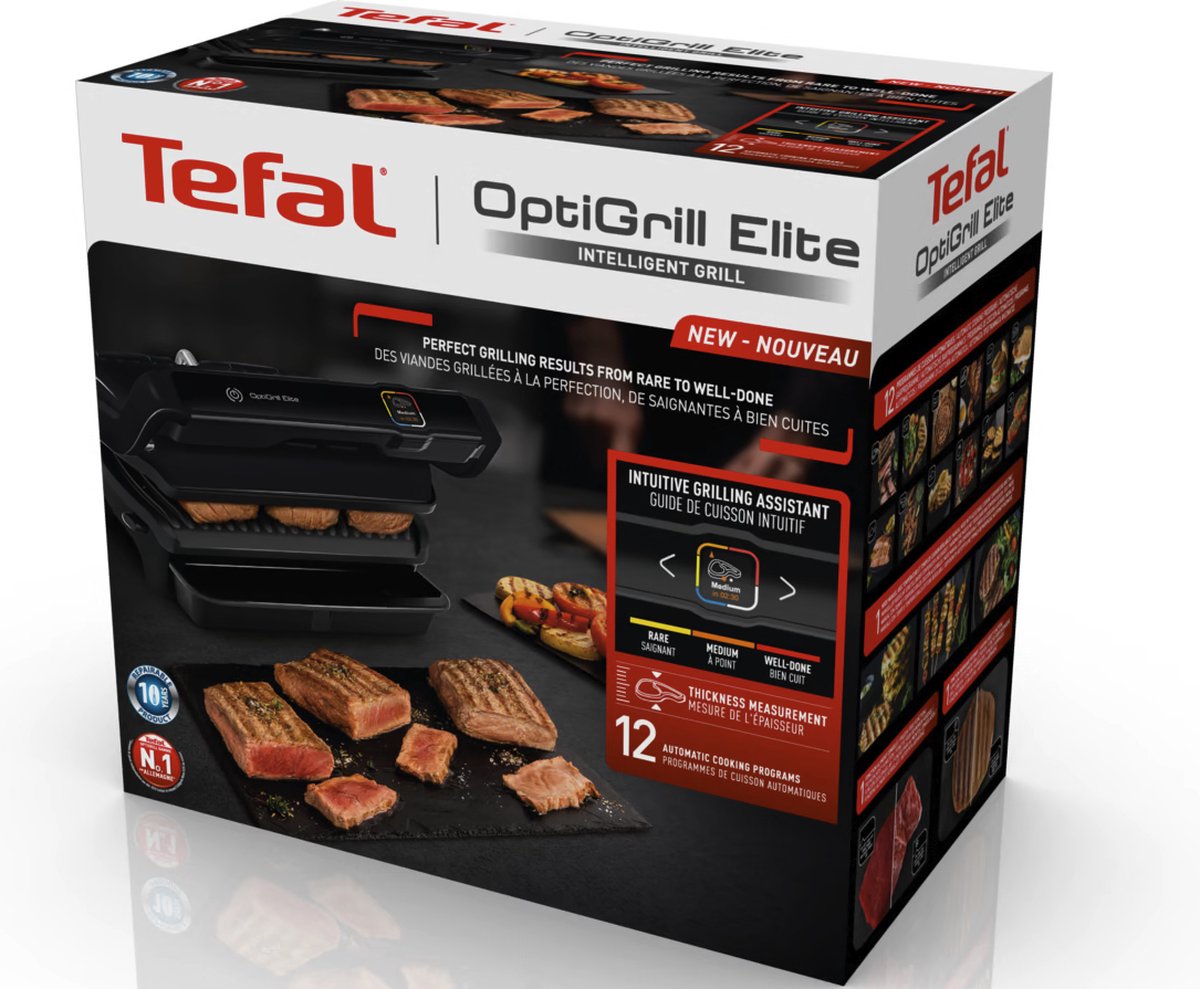 Tefal OptiGrill Elite GC7508 - Intelligente Contactgrill 30x20 cm - 12 Automatische Programma's voor Vlees, Vis, Groenten - Digitale Grillassistent - Zwart - 2000W