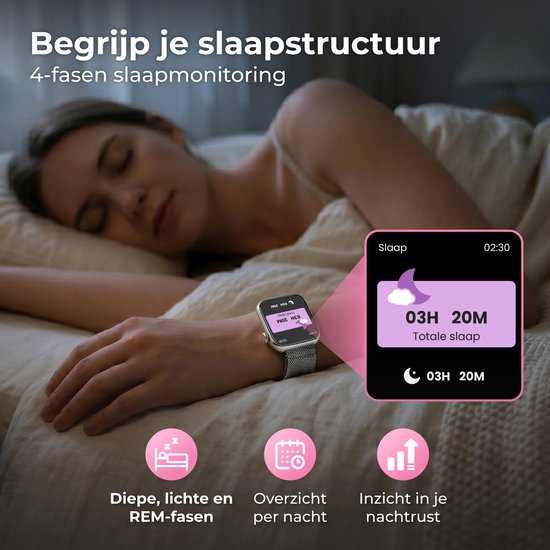Nuvance Smartwatch Dames - Smartwatch Heren - Stappenteller Horloge Dames - Hartslagmeter - Sporthorloge - Geschikt voor iOS/Android - AMOLED - Incl. 5 Bandjes - Zilver