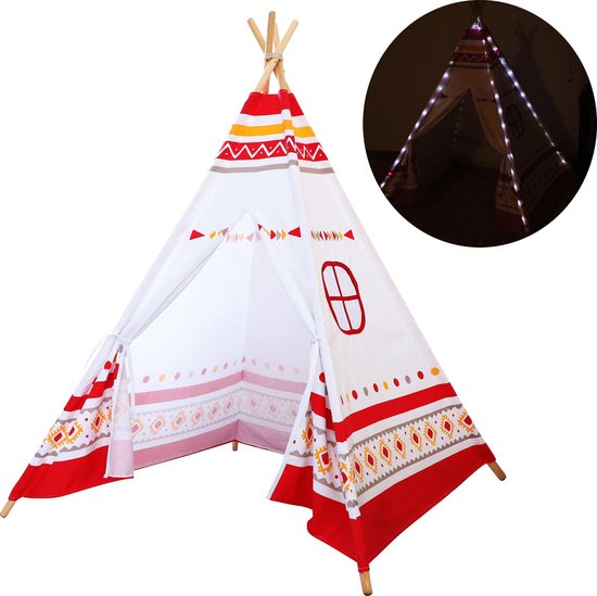 Sunny LED Tipi Tent Rood/wit - 60 LED lampjes - FSC houten palen - 120 x 120 x 160 cm