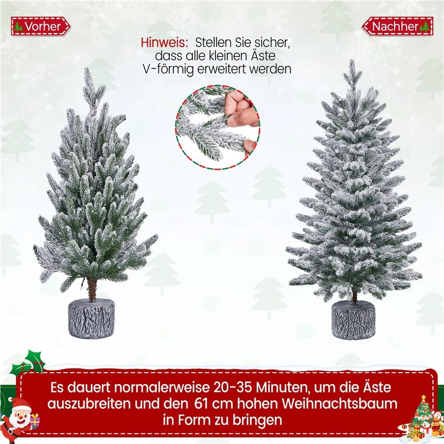 Yaheetech Tafelkerstboom Met Sneeuw En Verlichting – Φ55 x 92 cm – Voorzien Van 355 Takken En 50 LED-Lampjes En Realistische Boomstam – Voor Vensterbank En Buiten – Groen PVC En Metaal