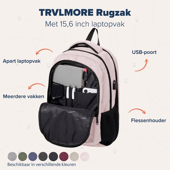 TRVLMORE Rugzak met Levenslange - Rugtas met 15,6 Inch Laptopvak - Schooltas - Spatwaterdicht - Heren en Dames - Jongens en Meisjes - 28L - Roze