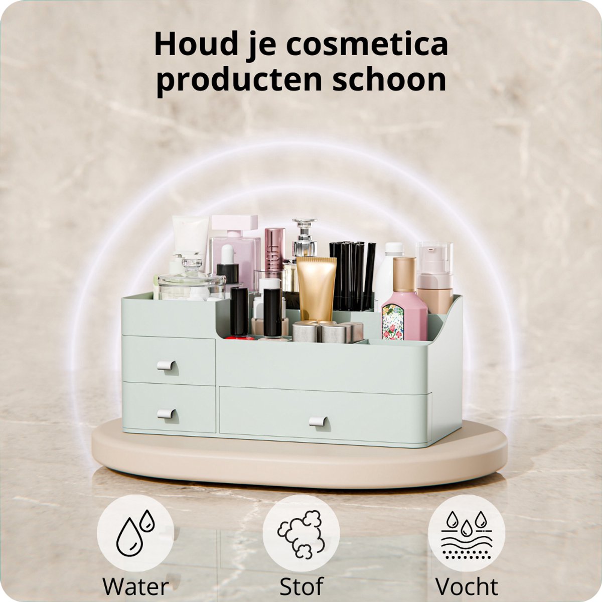 Organess Make-up Organizer 2024 – Groen Acryl – 3 Lades & 2 Vakken – Skincare Opbergdoos