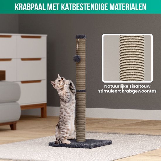 Avalo Krabpaal met Speelballetje - 36x36x74 cm Donkergrijs - Krabpaal voor Katten - Katten krabpaal